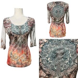 Sledge USA Top Womens XL Y2K Rhinestone Peace Sign 3/4 Sleeve Graphic AOP Grunge